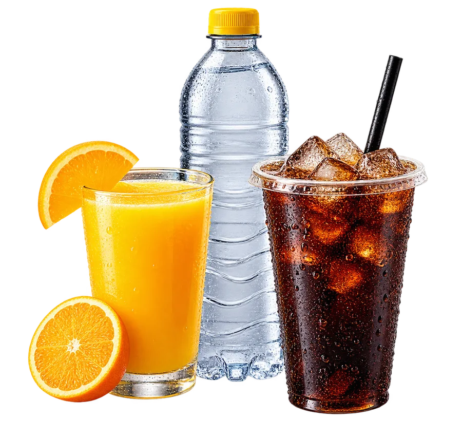 Eau fraîche, jus d’orange et boisson gazeuse