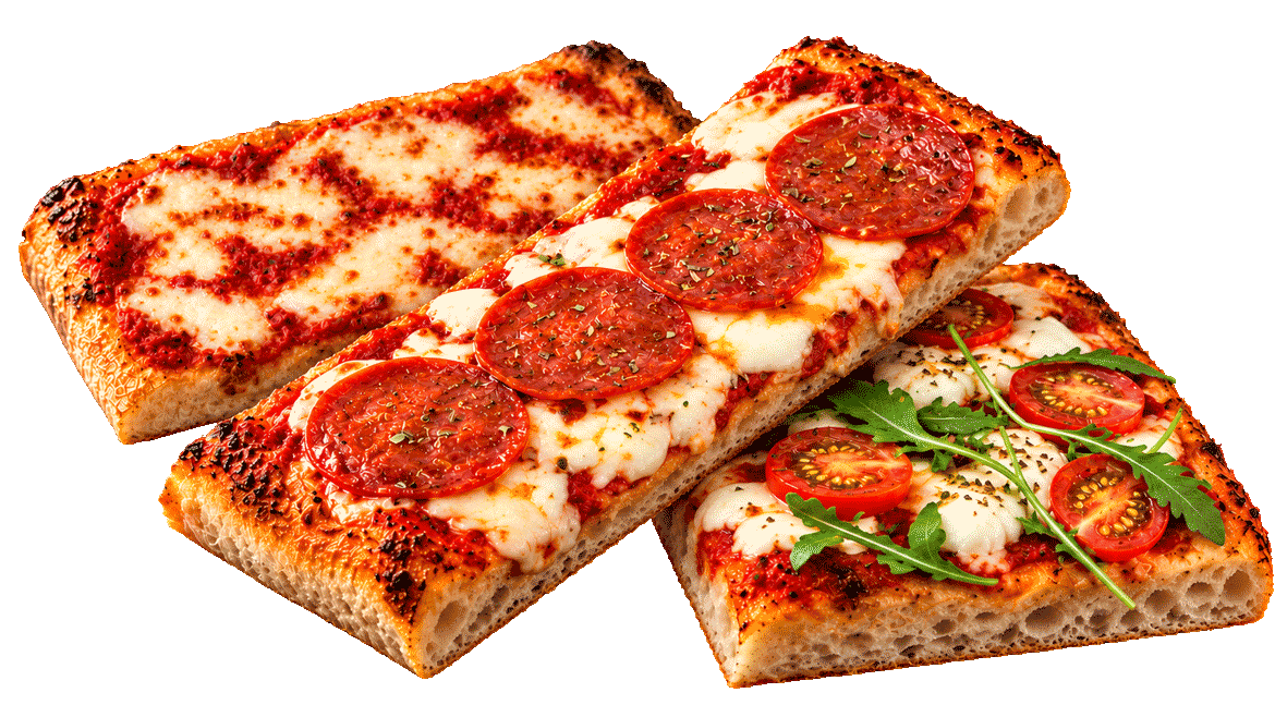 Pizzas al taglio rectangulaires à la tomate, mozzarella et basilic